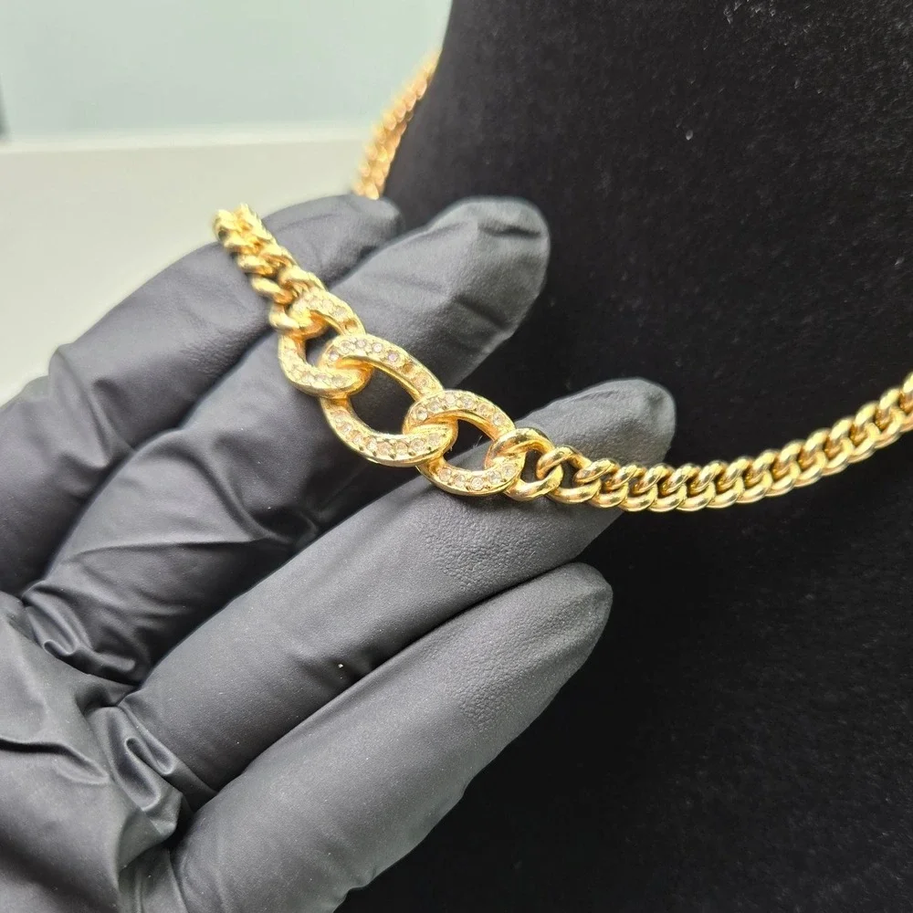 Christian Dior Gold Tone Chain Necklace Crystal Interlocking Oval Links